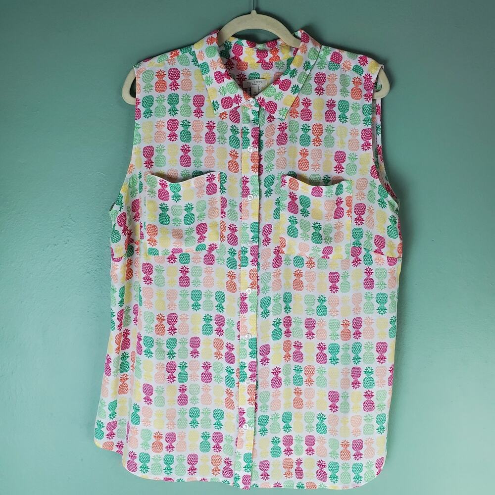 Talbots Womens Multicolor Pineapple Print Sleeveless Button Up Blouse Size 2X